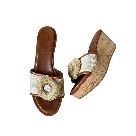 Coach Jazmin Cork Wedge Sandal size 9B Cream Brown - Picture 1 of 13